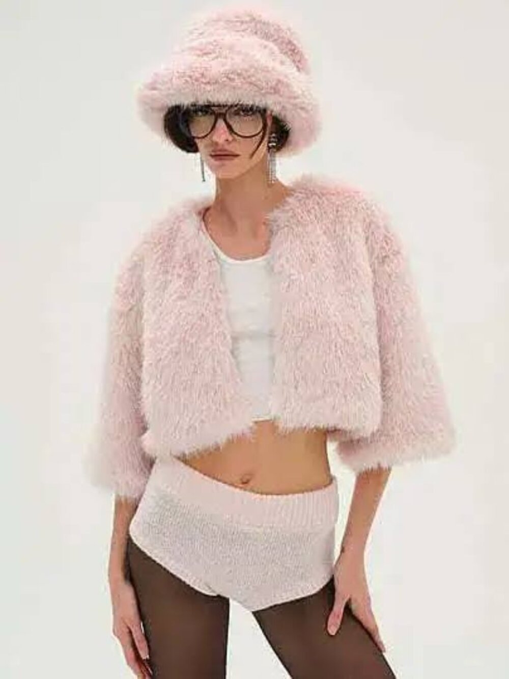 For Love & Lemons Amina Pink Faux Fur Cropped Bolero Jacket Small NWT